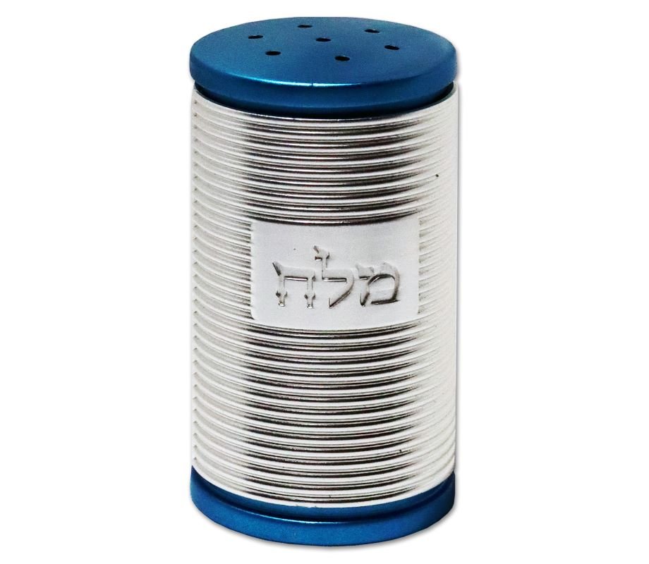 Dorit Judaica Spiral Design Salt Shaker with Hebrew Plaque - Silver and Turquoise