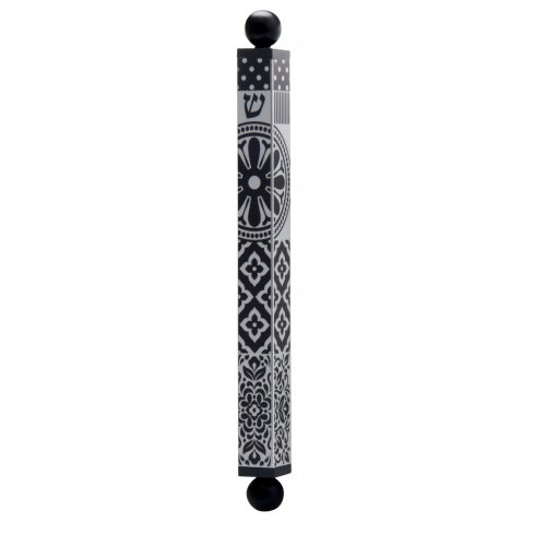 Dorit Judaica Square Tube Mezuzah Case with Knobs - Black and Gray Shapes