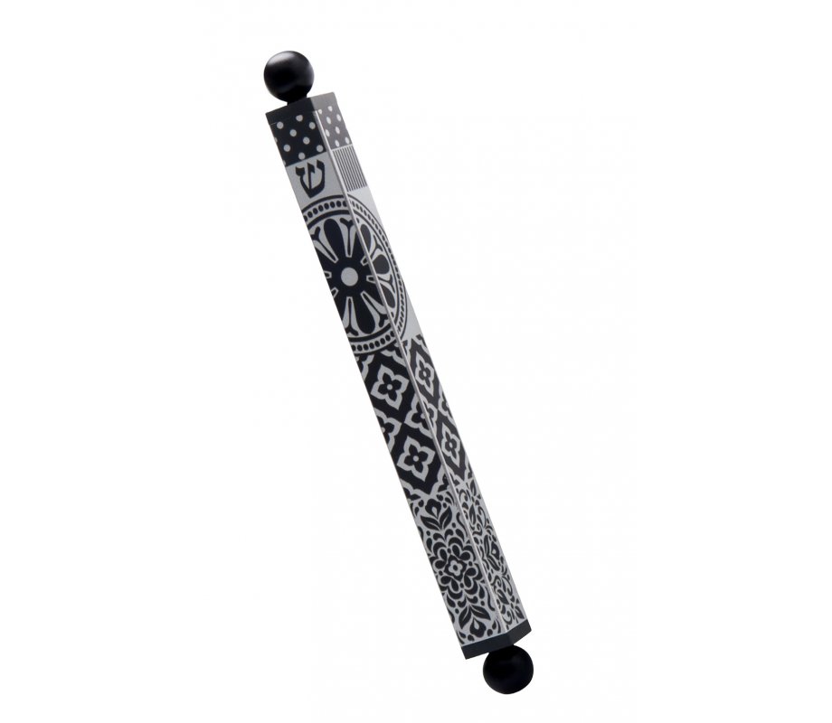 Dorit Judaica Square Tube Mezuzah Case with Knobs - Black and Gray Shapes