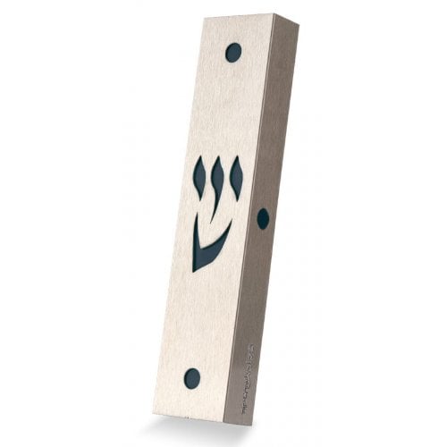 Dorit Judaica Stainless Steel Mezuzah Case, Cutout Shin Letter - Dark Green