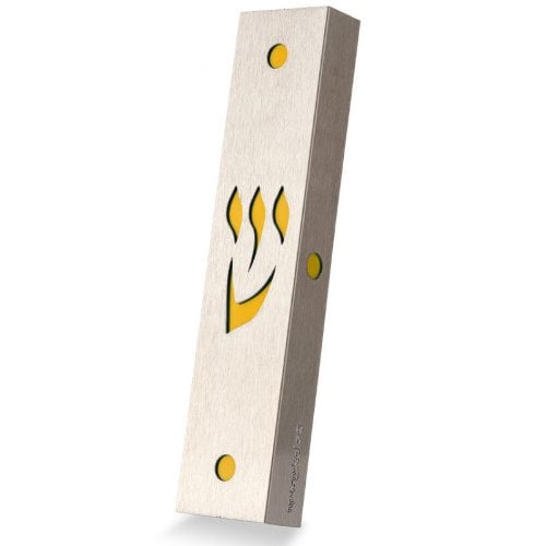 Dorit Judaica Stainless Steel Mezuzah Case, Cutout Shin Letter - Mustard