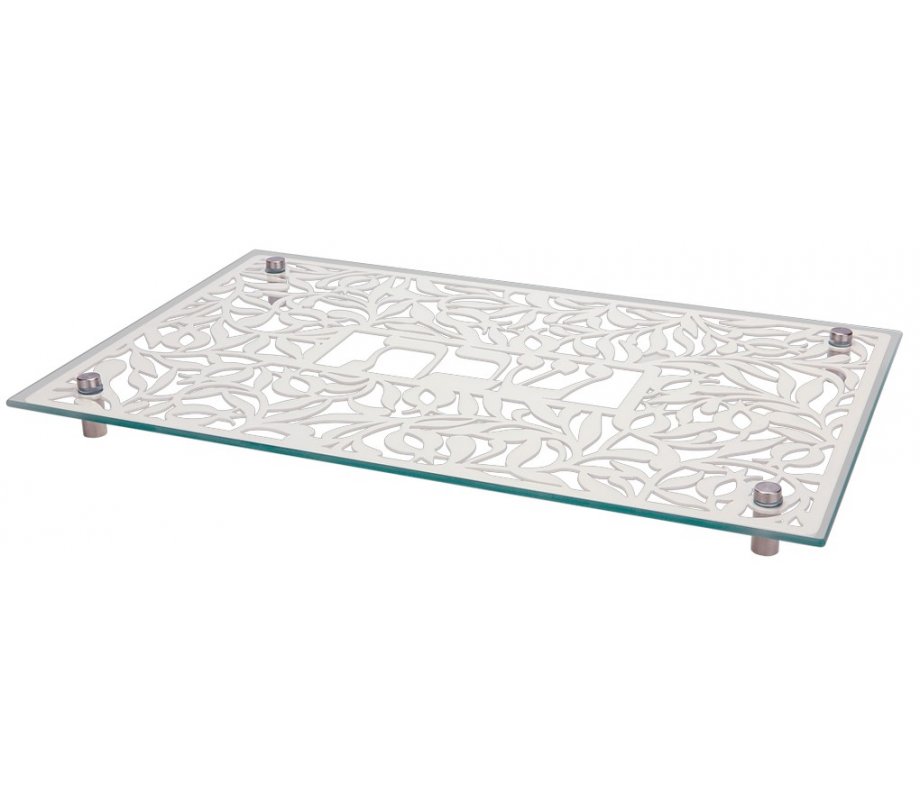 Dorit Judaica Tempered Glass Challah/Candlestick Tray, Pomegranate Design