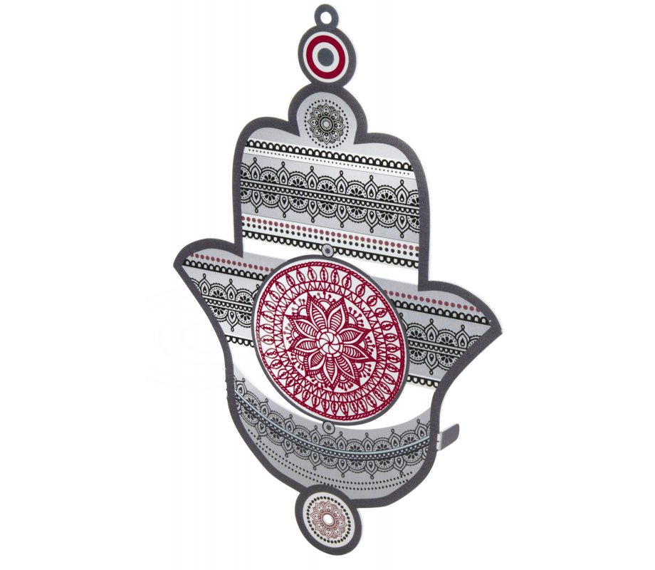 Dorit Judaica Wall Hamsa with Gray and Red Mandala Design