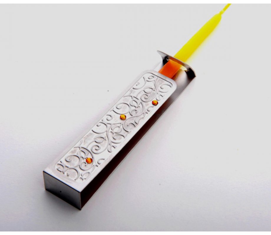 Dorit Judaica Wand Menorah Lighter Stainless Steel with Swirling Pomegranates