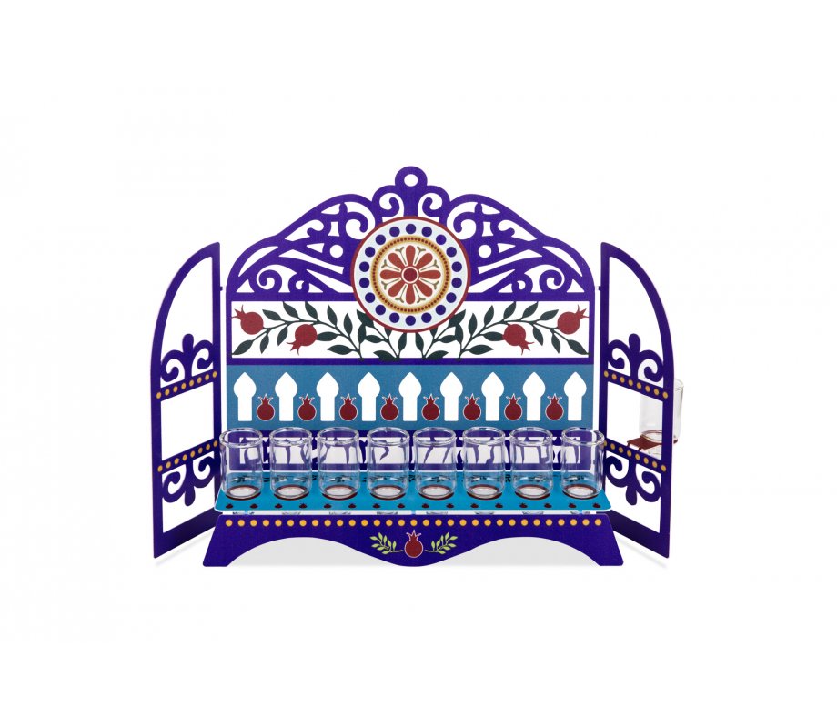 Dorit Judaica Window Menorah, Decorative Pomegranates and Swirls - For Oil