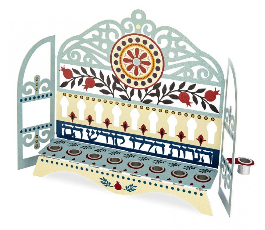 Dorit Judaica Window Menorah, Swirls Pomegranates and Hebrew Words – For Candles or Oil
