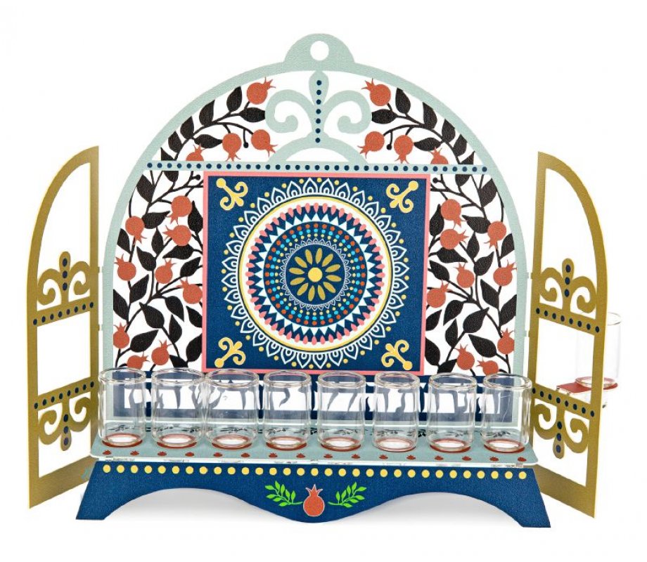 Dorit Judaica Window Menorah with Pomegranates and Hebrew Song Words - For Oil