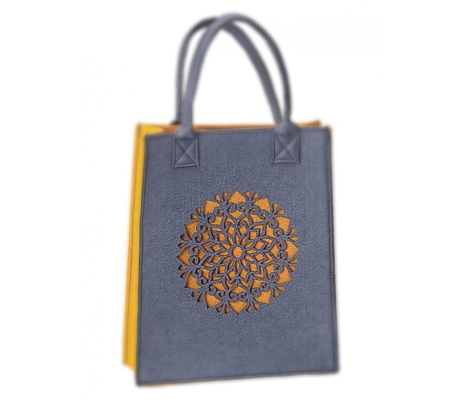 Dorit Judaica Woman's Tote Bag - Gray and Mustard Mandala Design
