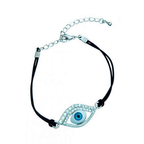 Double Black Cord Kabbalah Bracelet - Enamel Eye Centerpiece with Stones