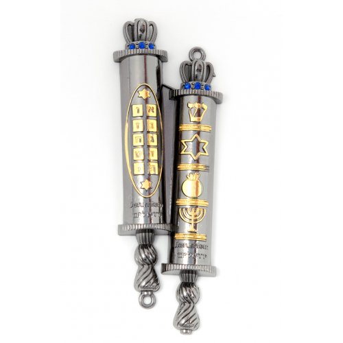 Double Mezuzah Case with Torah Scroll Design and Judaic Motifs  Silver & Gold
