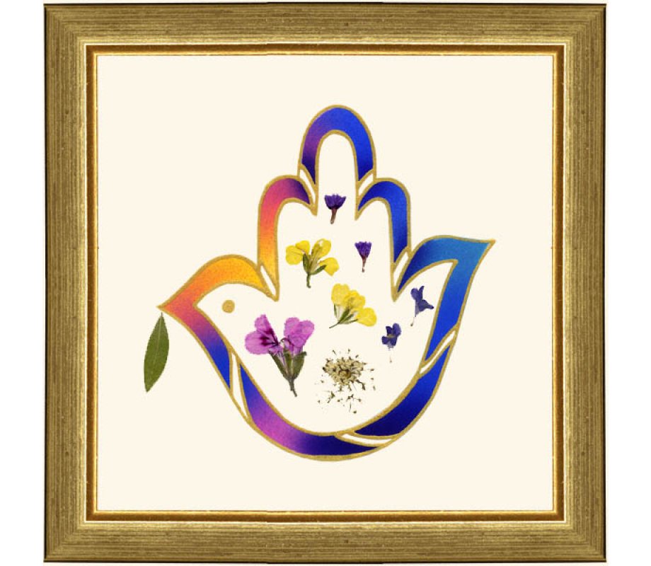 Dvora Black Peace Dove Hand-Finished Framed Print With Authentic Flowers