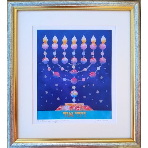 Dvora Black Print of Seven-Branch Menorah Hand Painted on Lucite - Framed