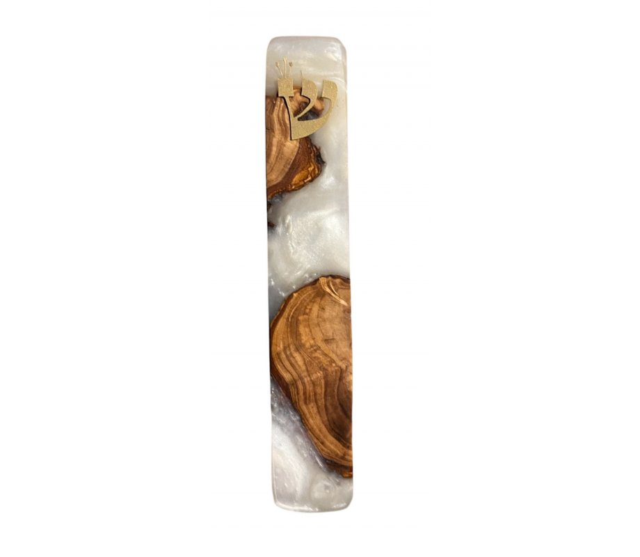 Eial Ovin, Handmade Mezuzah Case from Natural Olive Wood and Epoxy - Pearl