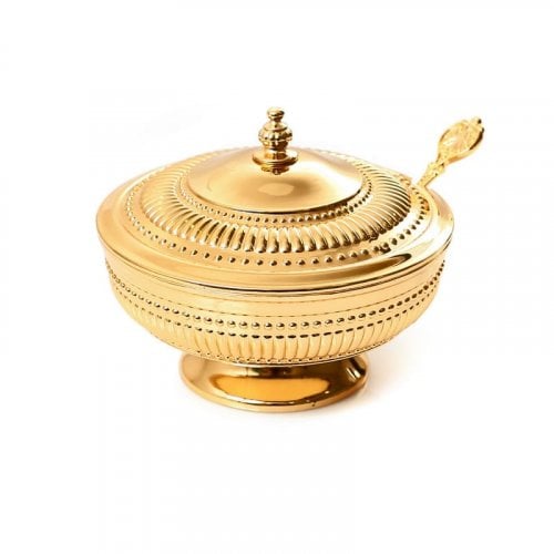 Elegant Regency Inspired Raised Honey Dish with Lid and Spoon - Gold