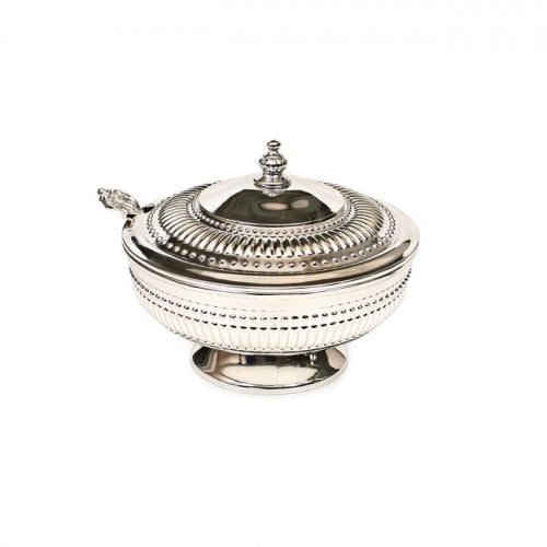 Elegant Regency Inspired Raised Honey Dish with Lid and Spoon - Silver