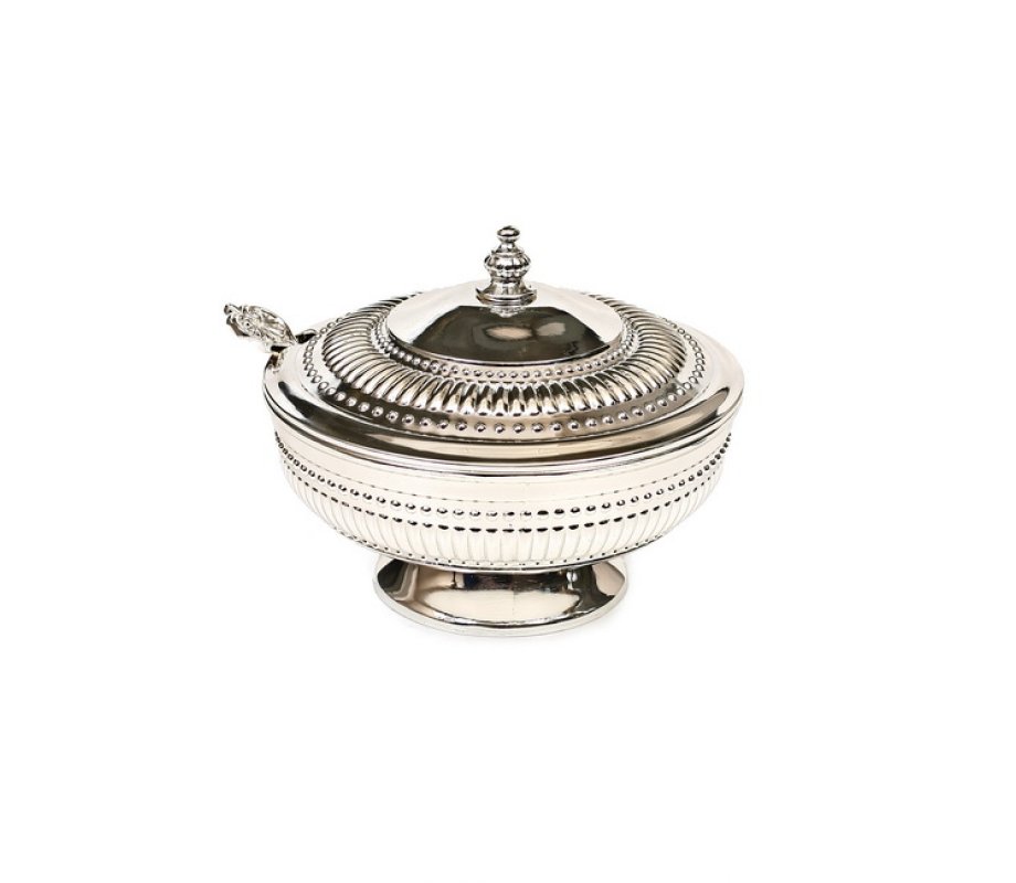 Elegant Regency Inspired Raised Honey Dish with Lid and Spoon - Silver