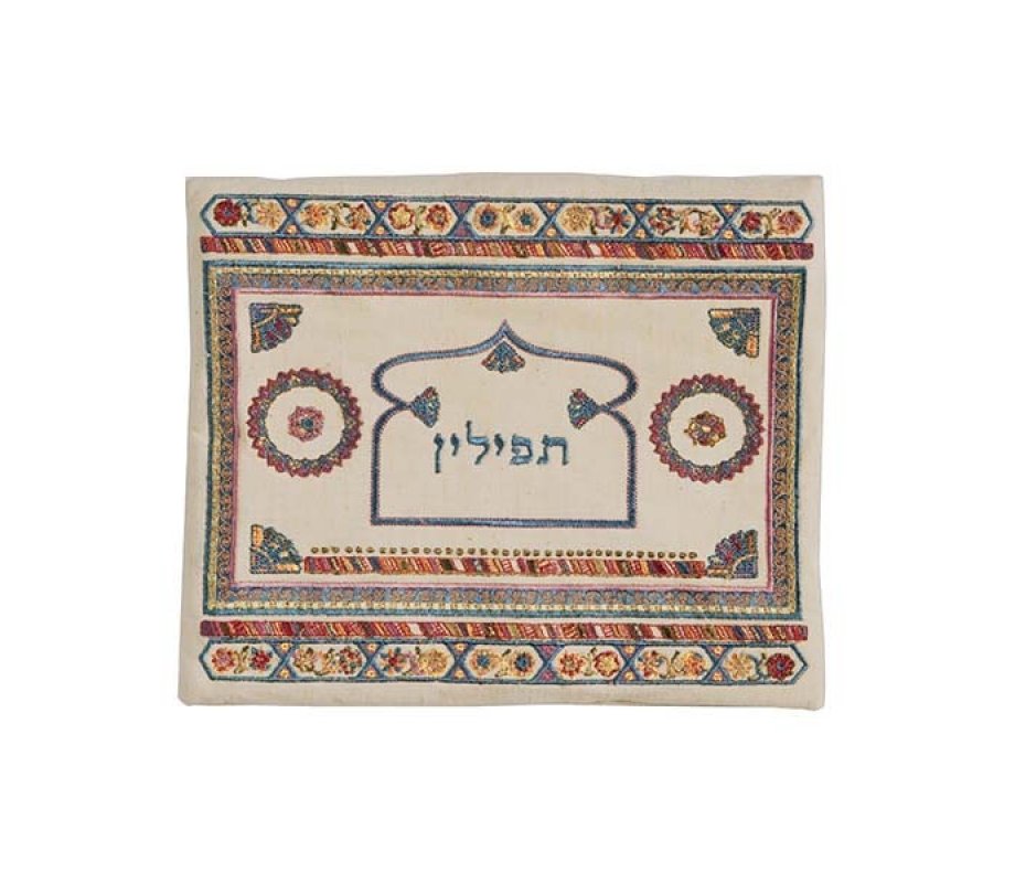 Emanuel Embroidered Linen Tallit & Tefillin Bag, Red - Oriental Motifs (Sold Separately)