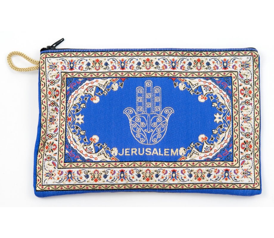 Embroidered Fabric Purse, Blue Hamsa with Oriental Design – Choice of Sizes