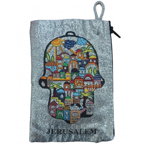Embroidered Jerusalem Fabric Purse-Wallet - Glittery Hamsa with Jerusalem Design
