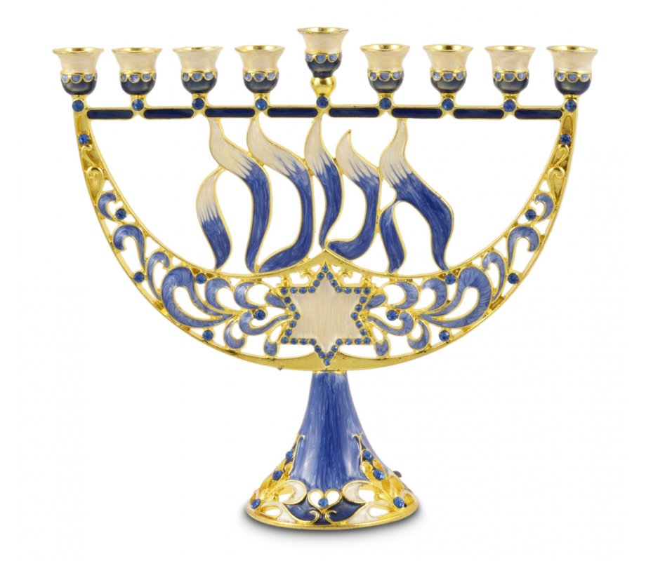 Enamel Menorah Star of David and Chanukah, Gold & Dark Blue - For Decoration