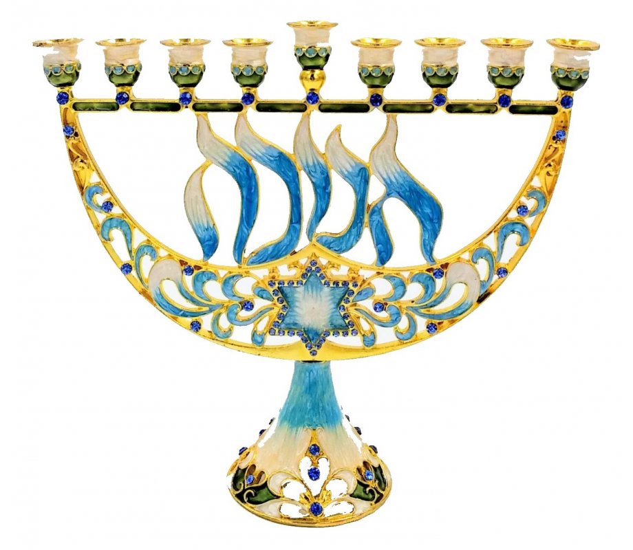 Enamel Menorah with Star of David & Chanukah, Gold & Light Blue - For Decoration