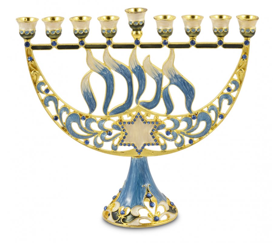 Enamel Menorah with Star of David & Chanukah, Gold & Light Blue - For Decoration