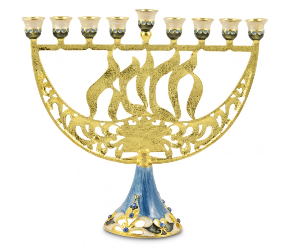 Enamel Menorah with Star of David & Chanukah, Gold & Light Blue - For Decoration