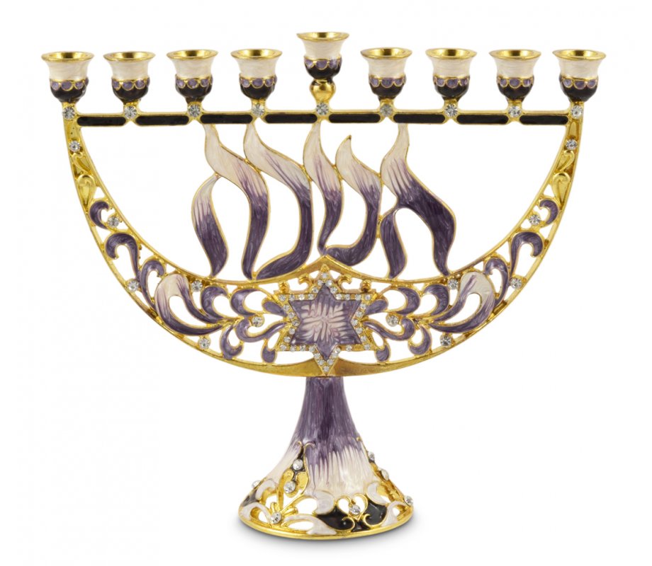 Enamel Menorah with Star of David & Chanukah, Gold and Purple - For Decoration