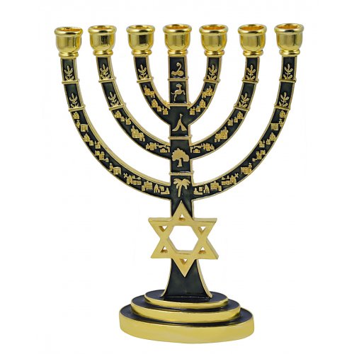 Enamel Plated 7-Branch Menorah with Gold Judaic Decorations - Green