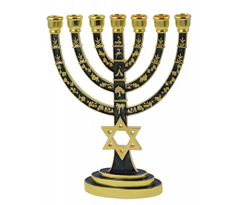 Enamel Plated 7-Branch Menorah with Gold Judaic Decorations - Green ...