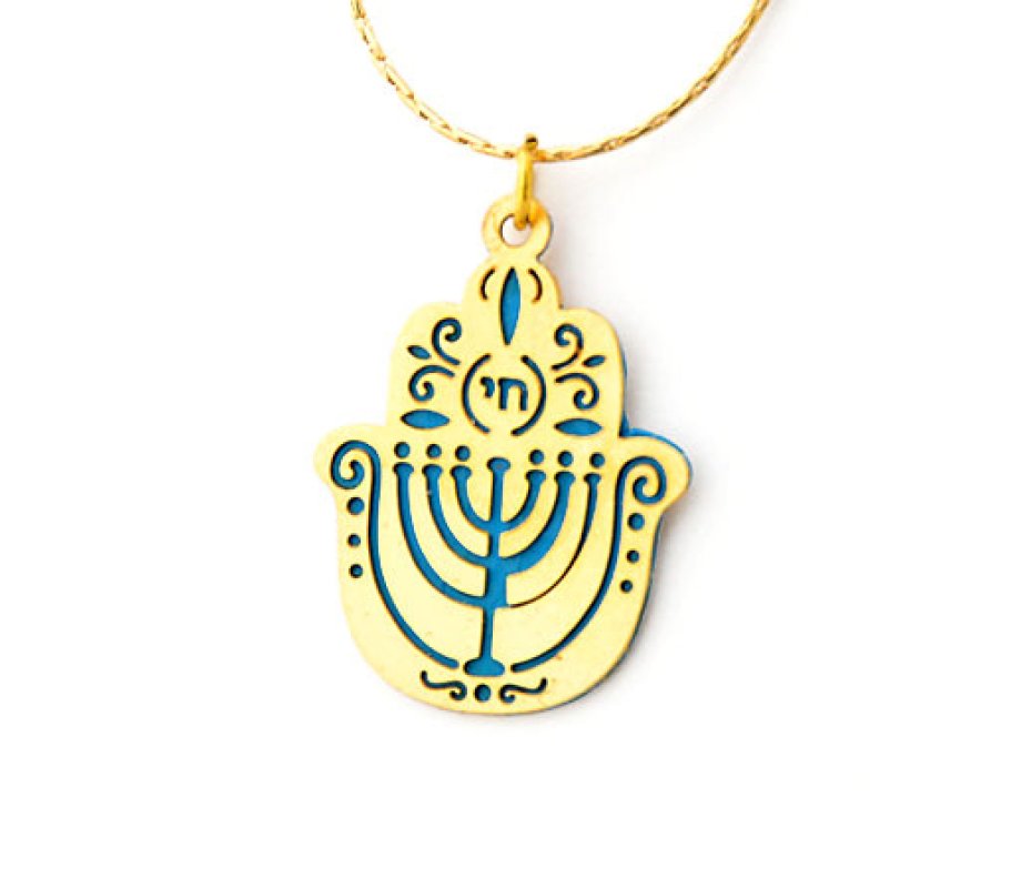 Ester Shahaf Blue Menorah Hamsa Necklace