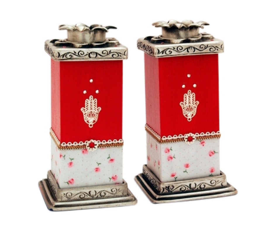 Ester Shahaf Red Hamsa Wood and Pewter Candlesticks