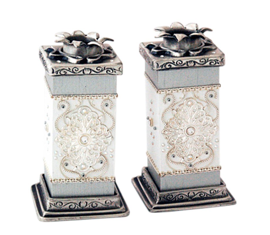 Ester Shahaf White Wood and Pewter Candlesticks