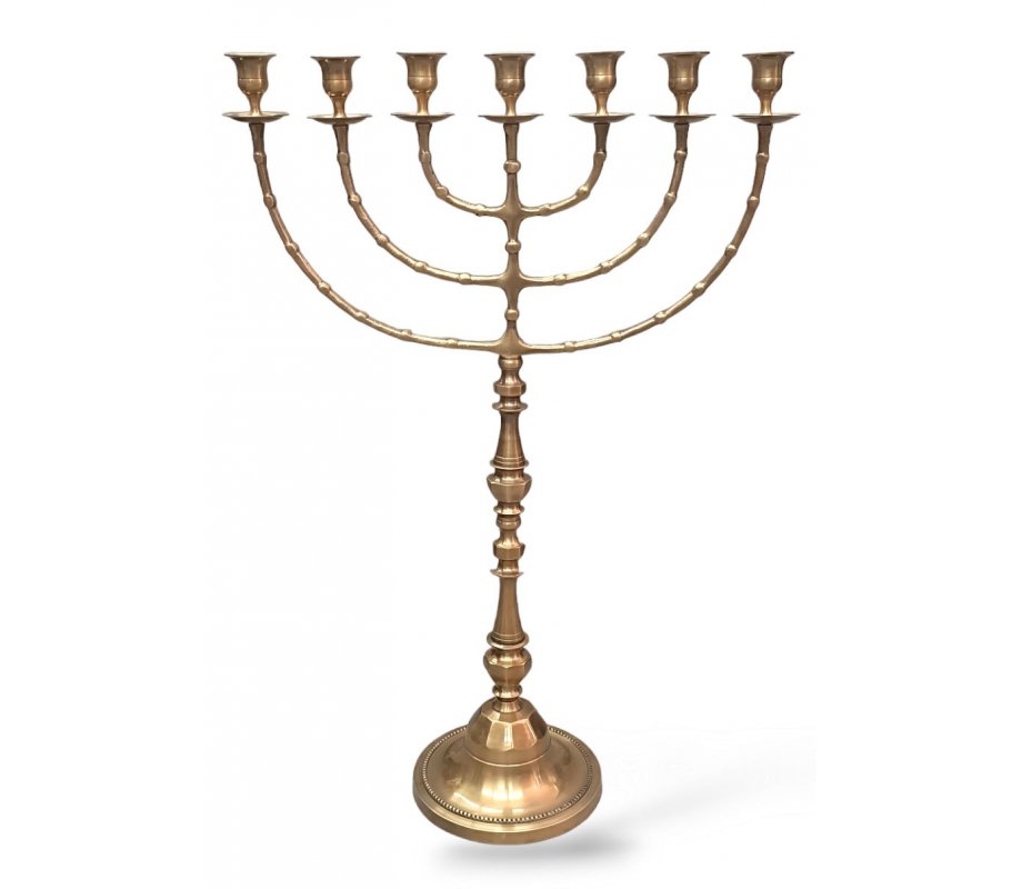 Extra Large Seven Branch Gold Menorah on Stem, Antique Finish - 32