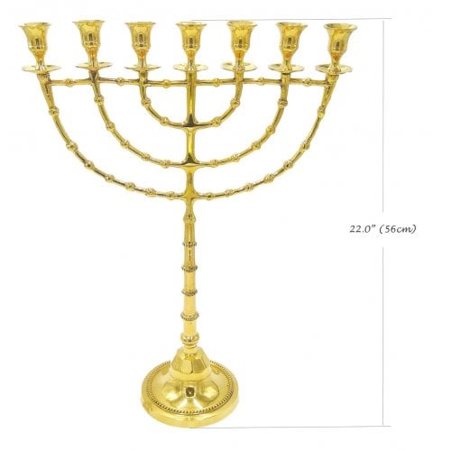 Extra Large Seven Branch Menorah, Beaded Decorations on Gold Brass  22 Inches
