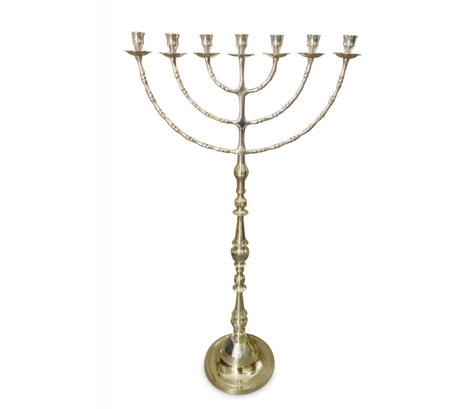 Extra Large Seven Branch Menorah on Stem, Gold Brass - 32