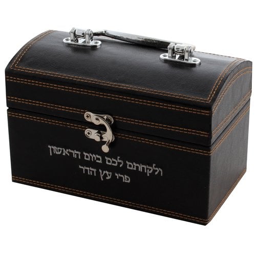 Faux Leather Brown Chest Etrog Box with Clasp lock - Hebrew wording