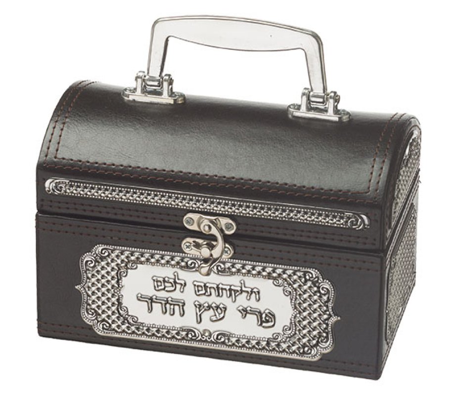 Faux Leather Chest Etrog Box with Decorative Metal Plaque - Brown
