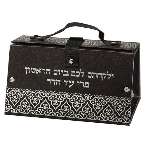 Faux Leather Handbag Etrog Box, Geometric Design - Silver Hebrew Wording