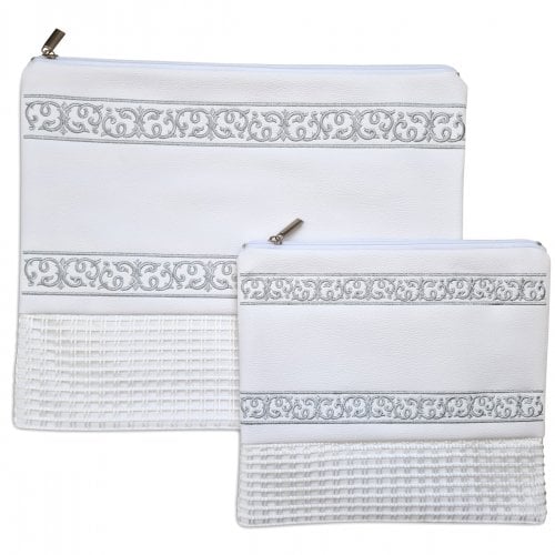 Faux Leather Off-White Tallit and Tefillin Bag Set - Silver Embroidered Bands