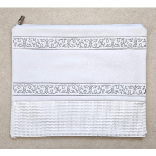 Faux Leather Off-White Tallit and Tefillin Bag Set - Silver Embroidered Bands