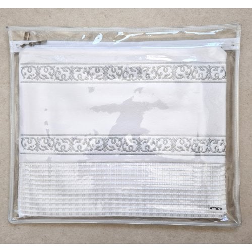 Faux Leather Off-White Tallit and Tefillin Bag Set - Silver Embroidered Bands