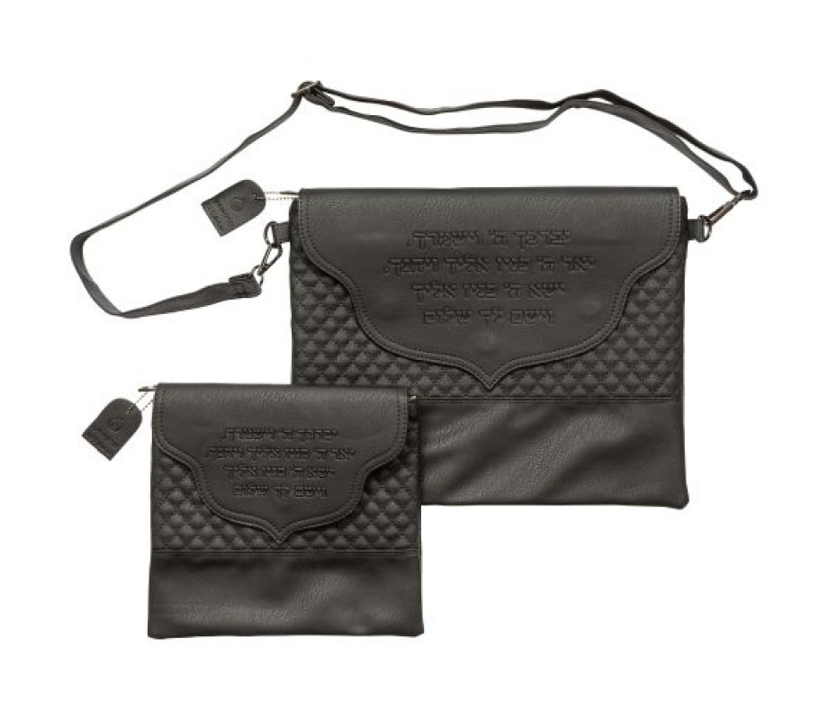 Faux Leather Tallit & Tefillin Bag, Priestly Blessing and Shoulder Strap – Black