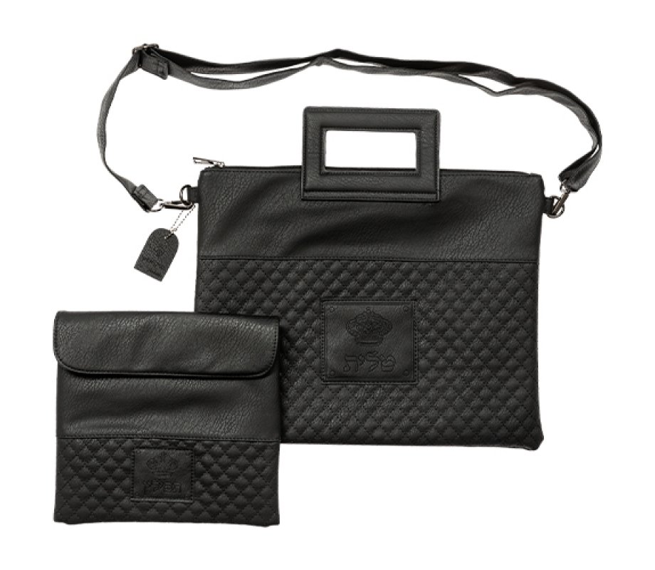 Faux Leather Tallit & Tefillin Bag with Shoulder Strap and Handle, Crown - Black