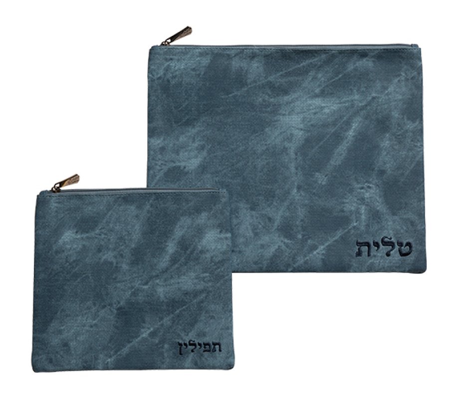 Faux Leather Tallit and Tefillin Bag Set - Turquoise Marble Design