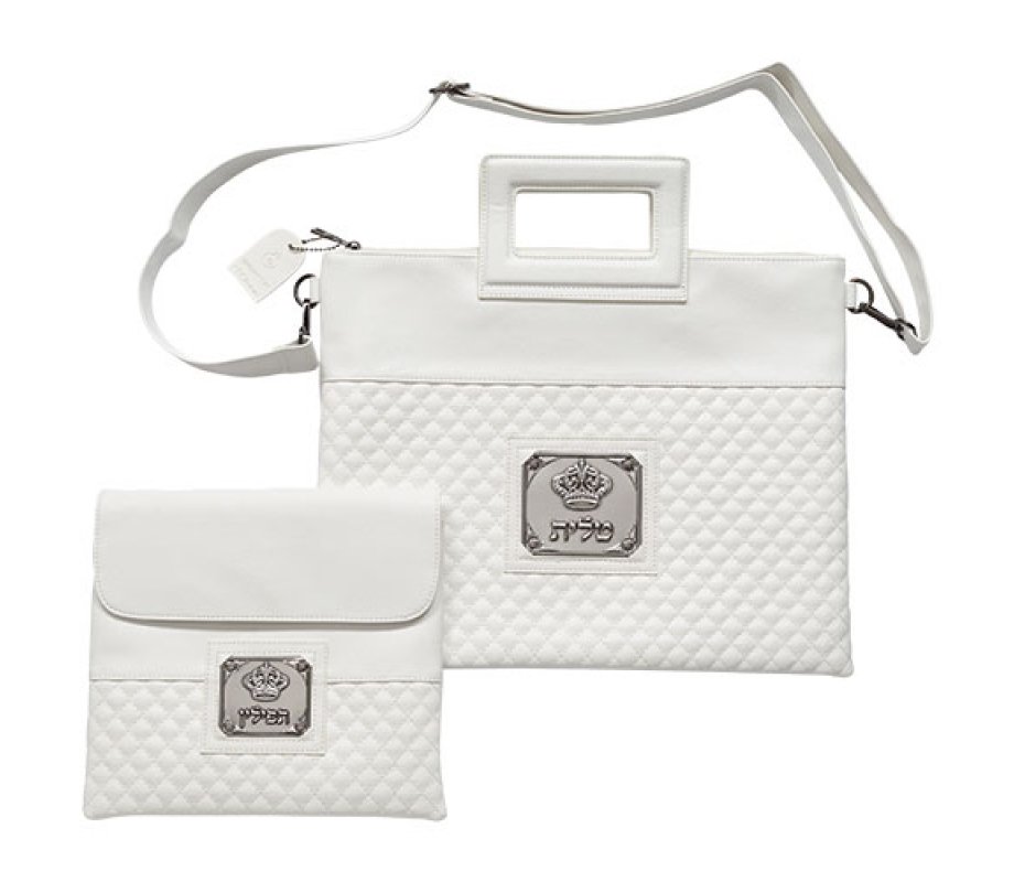 Faux Leather Tallit and Tefillin Bag Set, Crown Motif and Shoulder Strap – White