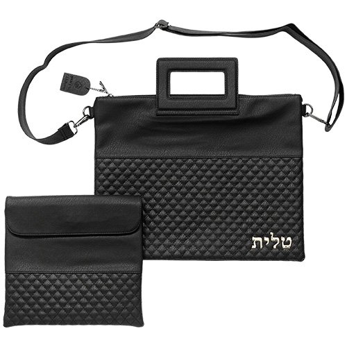 Faux Leather Tallit and Tefillin Bag Set with Shoulder Strap and Handle  Black
