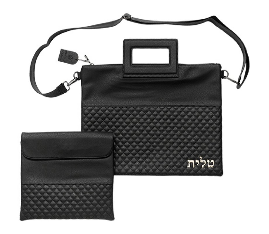 Faux Leather Tallit and Tefillin Bag Set with Shoulder Strap and Handle – Black