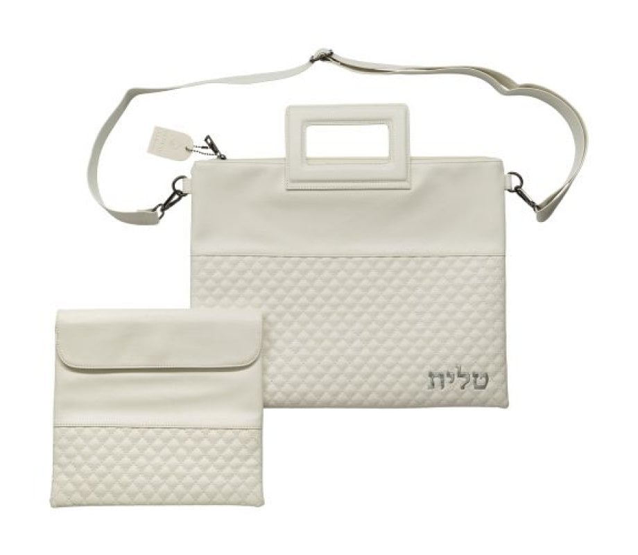 Faux Leather Tallit and Tefillin Bag Set with Shoulder Strap and Handle – White