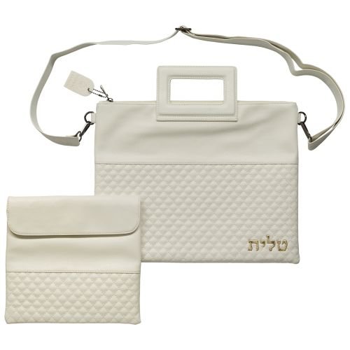 Faux Leather Tallit and Tefillin Bag Set with Shoulder Strap and Handle  White with Gold Letters